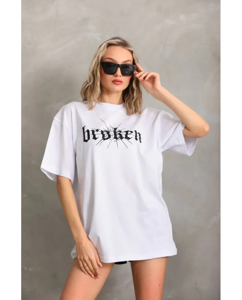 Kadın Baskılı Oversize T-Shirt - Beyaz