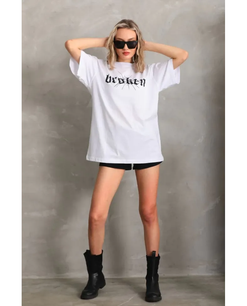Kadın Baskılı Oversize T-Shirt - Beyaz