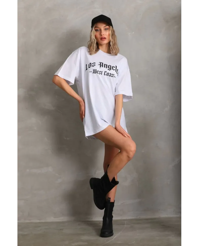 Kadın Baskılı Oversize T-Shirt - Beyaz
