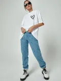 Kadın Kalp Baskılı Oversize T-Shirt - Beyaz