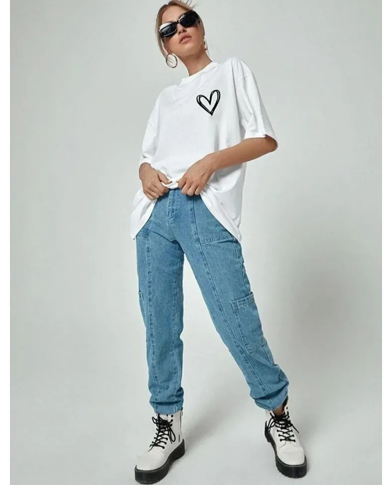 Kadın Kalp Baskılı Oversize T-Shirt - Beyaz