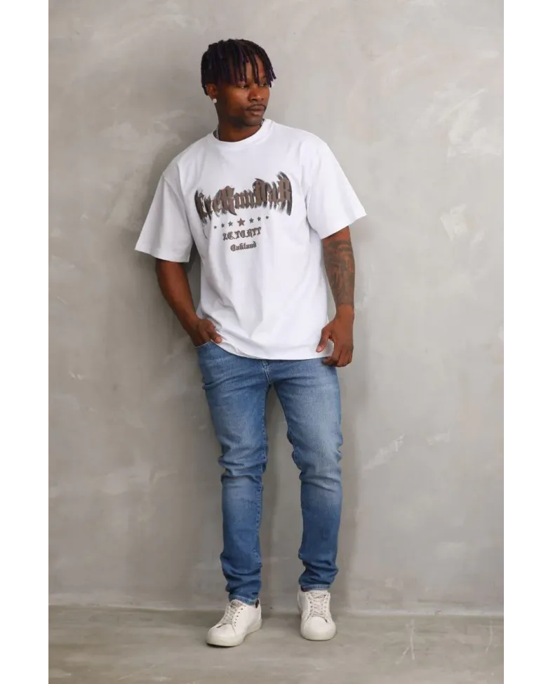 Erkek Baskılı T-Shirt Kısa Kol Bisiklet Yaka Rahat Kalıp Tişört  - Beyaz