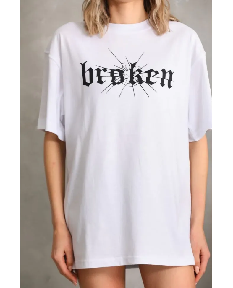 Kadın Baskılı Oversize T-Shirt - Beyaz