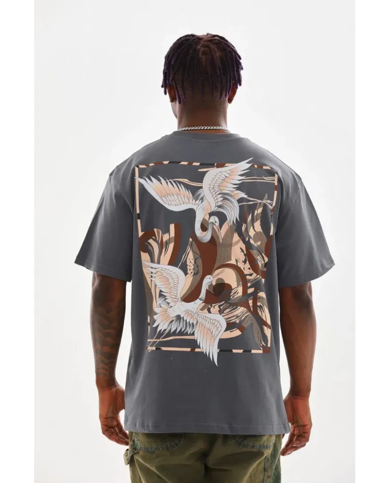 ERKEK Baskılı Oversize T-Shirt - Füme