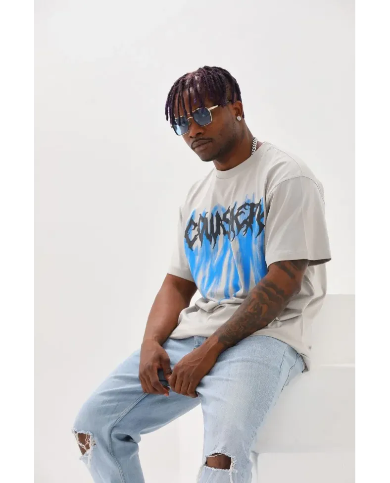 Erkek Baskılı T-Shirt Kısa Kol Bisiklet Yaka Rahat Kalıp Tişört  - Gri