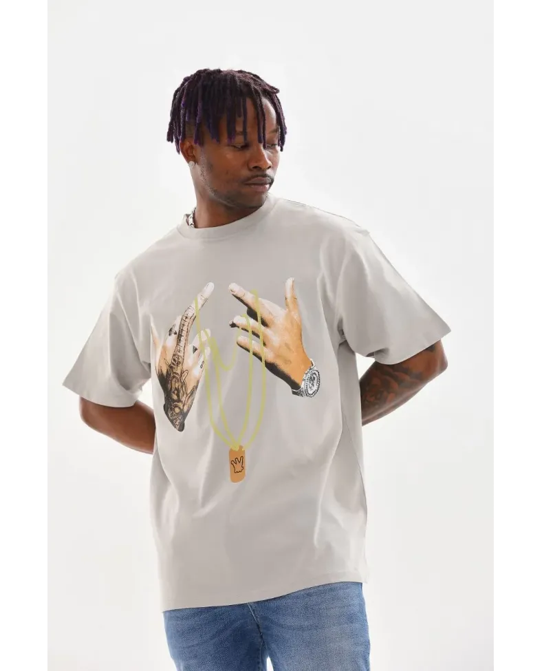 ERKEK Baskılı Oversize T-Shirt - Gri