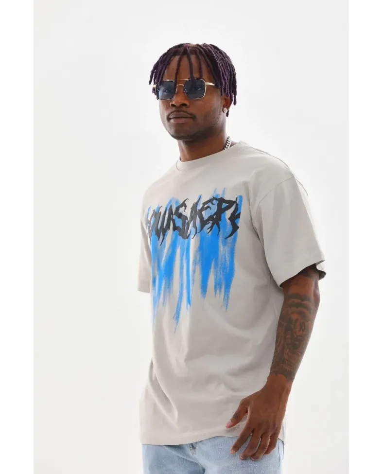 Erkek Baskılı T-Shirt Kısa Kol Bisiklet Yaka Rahat Kalıp Tişört  - Gri