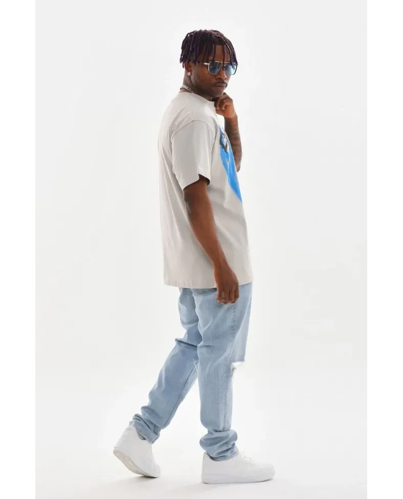 Erkek Baskılı T-Shirt Kısa Kol Bisiklet Yaka Rahat Kalıp Tişört  - Gri