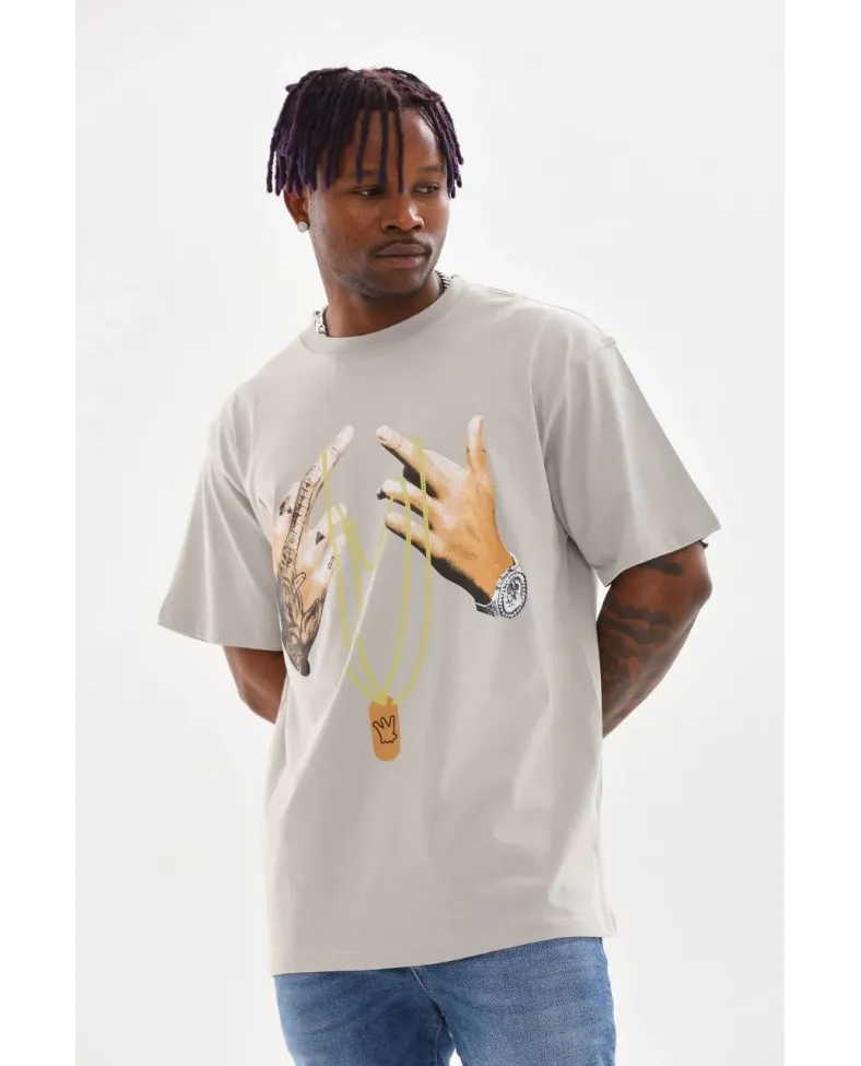 ERKEK Baskılı Oversize T-Shirt - Gri