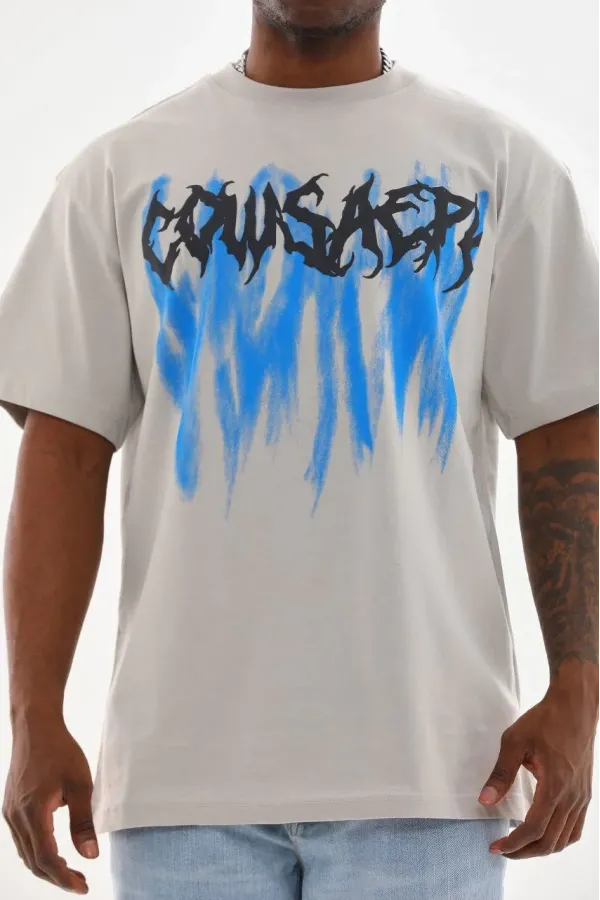 Erkek Baskılı T-Shirt Kısa Kol Bisiklet Yaka Rahat Kalıp Tişört  - Gri