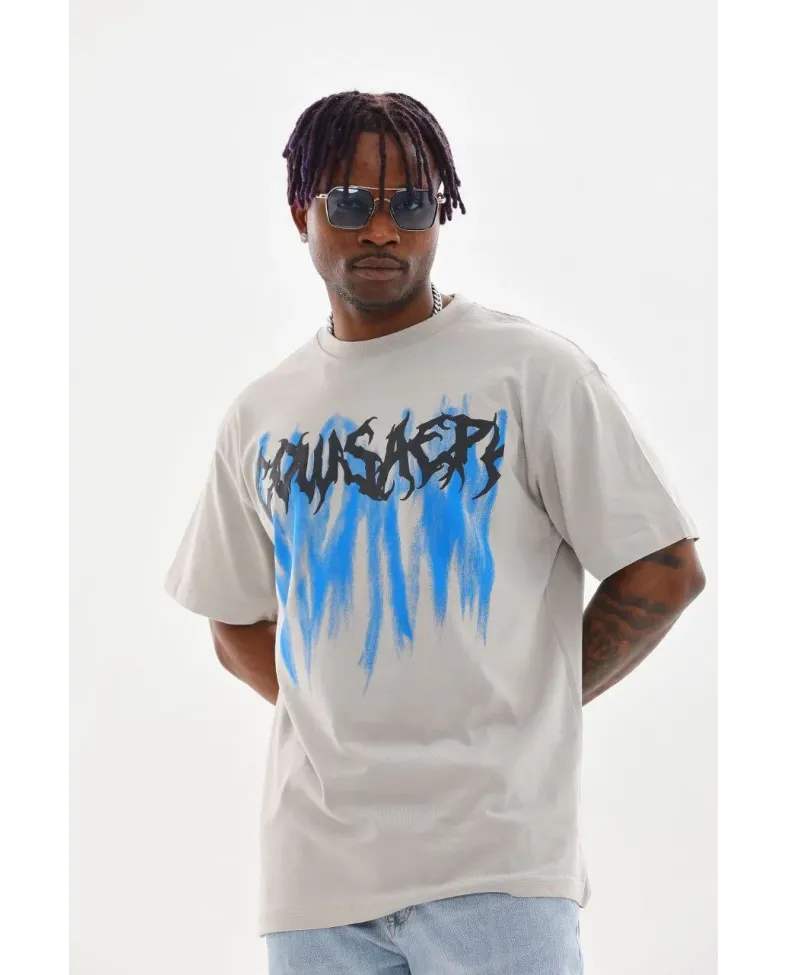 Erkek Baskılı T-Shirt Kısa Kol Bisiklet Yaka Rahat Kalıp Tişört  - Gri