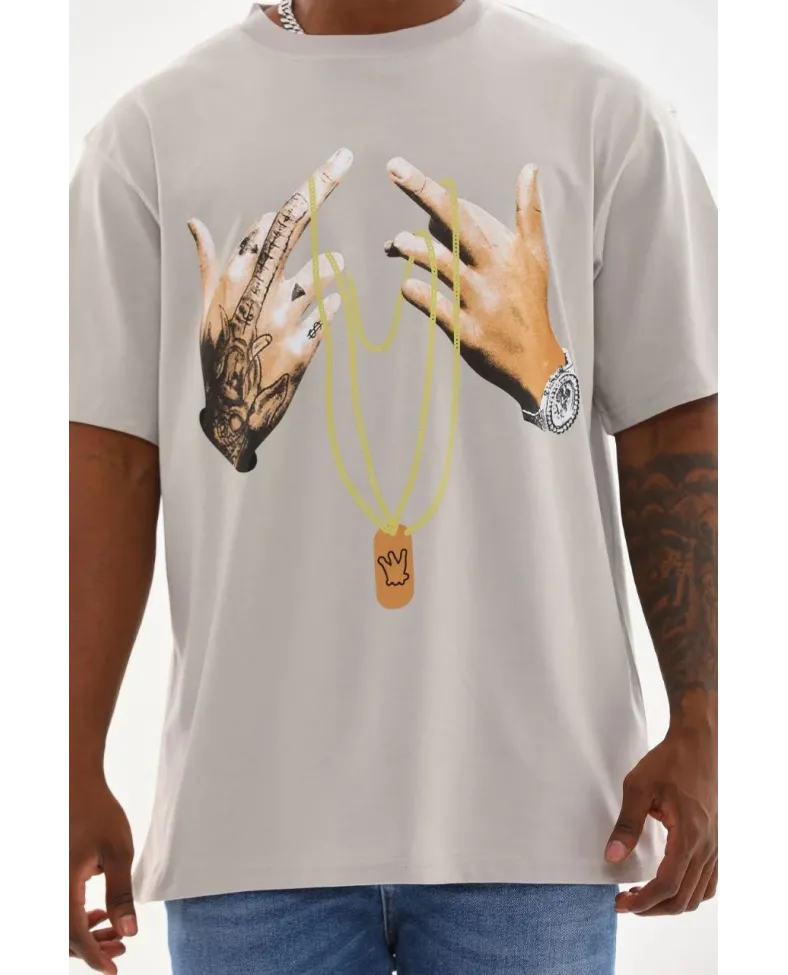 ERKEK Baskılı Oversize T-Shirt - Gri