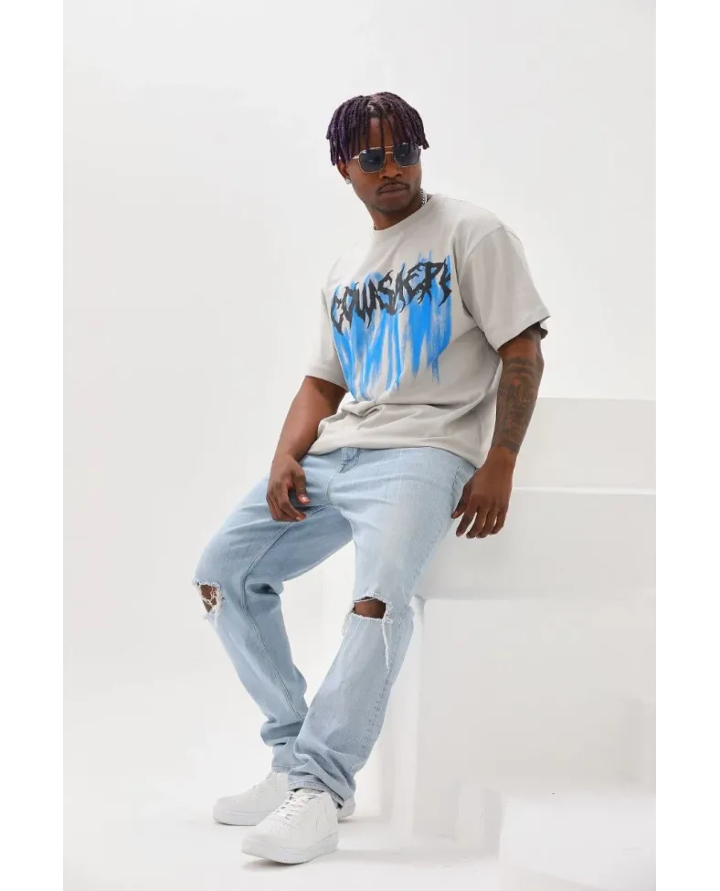 Erkek Baskılı T-Shirt Kısa Kol Bisiklet Yaka Rahat Kalıp Tişört  - Gri