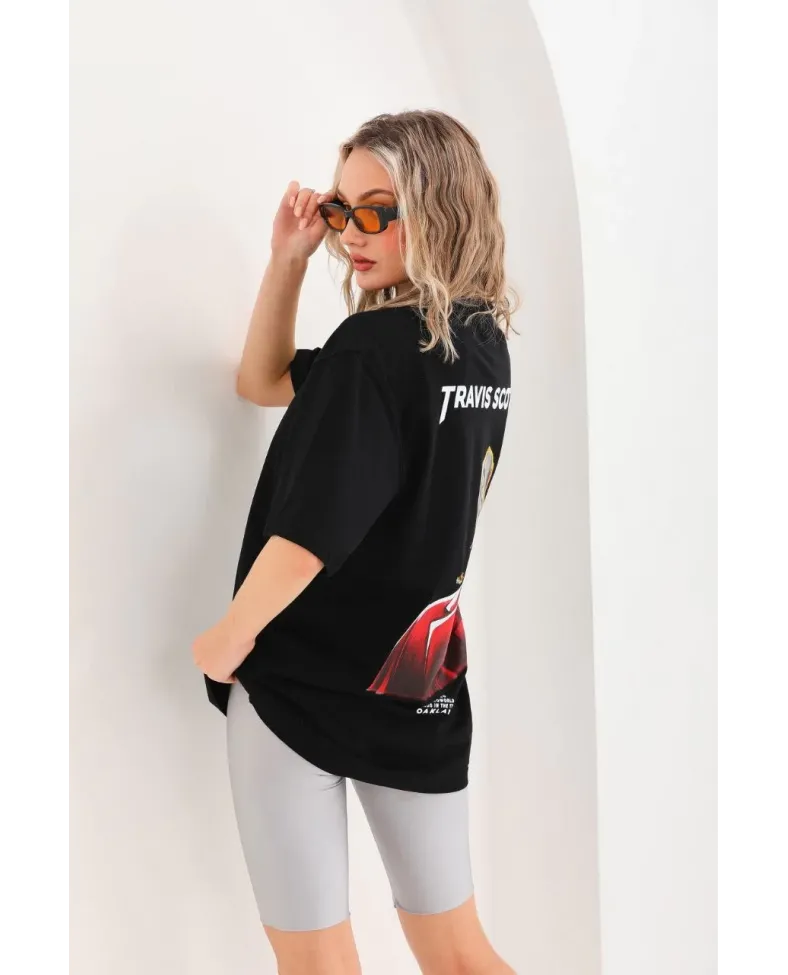 Kadın Baskılı Oversize T-Shirt - Siyah