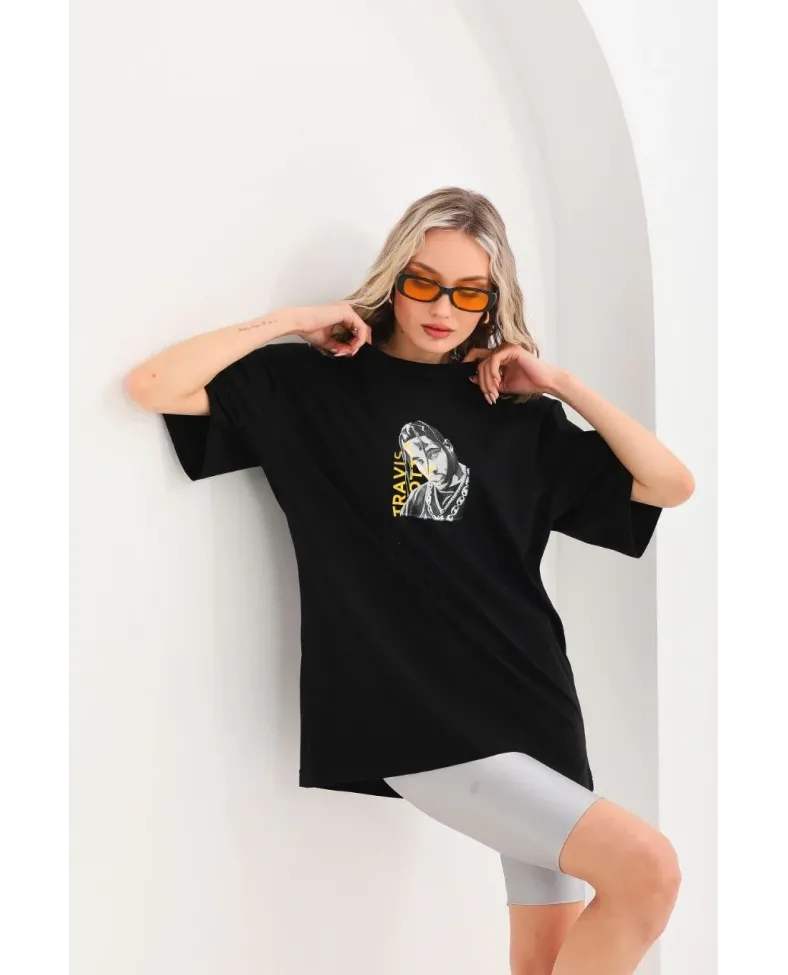 Kadın Baskılı Oversize T-Shirt - Siyah