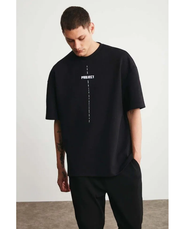 Erkek Baskılı T-Shirt Kısa Kol Bisiklet Yaka Regular Fit Rahat Kalıp Tişört - Siyah