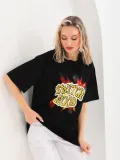 Kadın Baskılı Oversize T-Shirt - Siyah