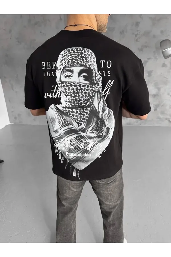 ERKEK Baskılı Oversize T-Shirt - Siyah