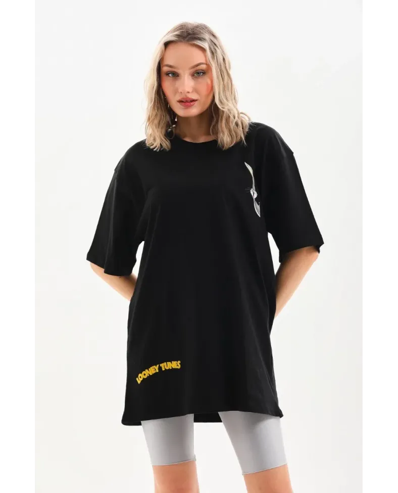 Kadın  Baskılı Oversize T-Shirt - Siyah