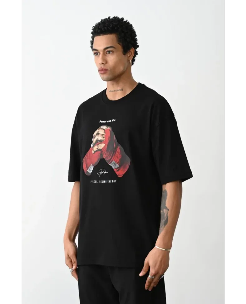 ERKEK Baskılı Oversize T-Shirt - Siyah