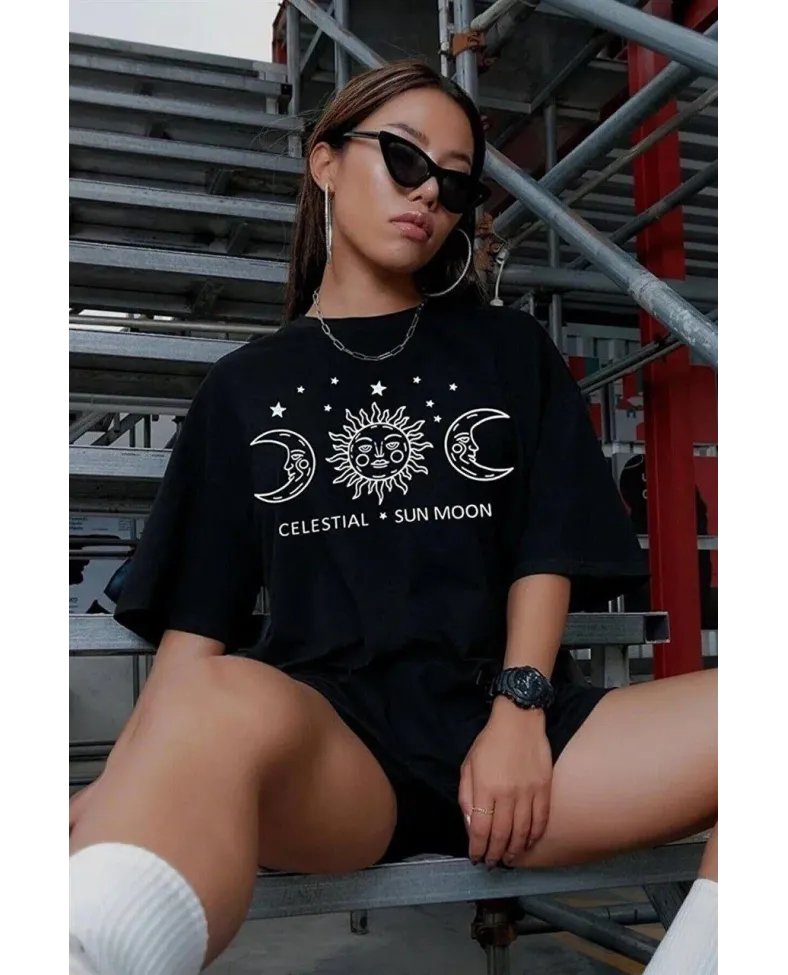 Kadın Baskılı Oversize T-Shirt - Siyah