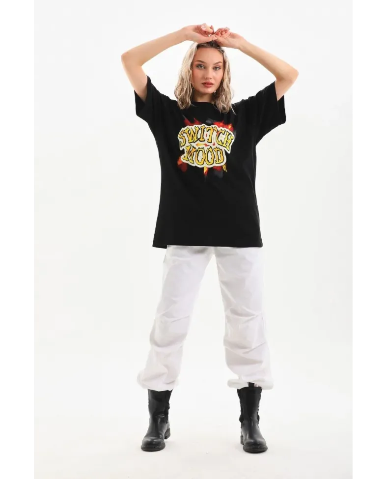 Kadın Baskılı Oversize T-Shirt - Siyah
