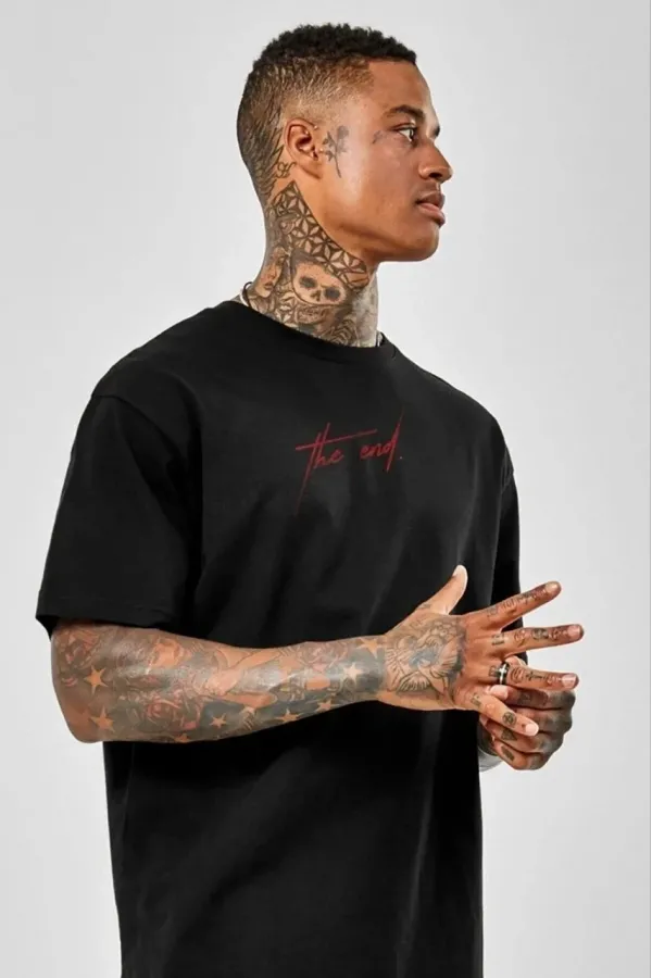 ERKEK Baskılı Oversize T-Shirt - Siyah