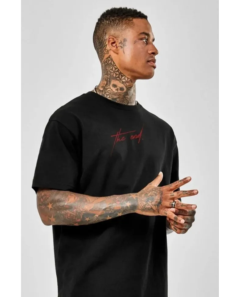 ERKEK Baskılı Oversize T-Shirt - Siyah