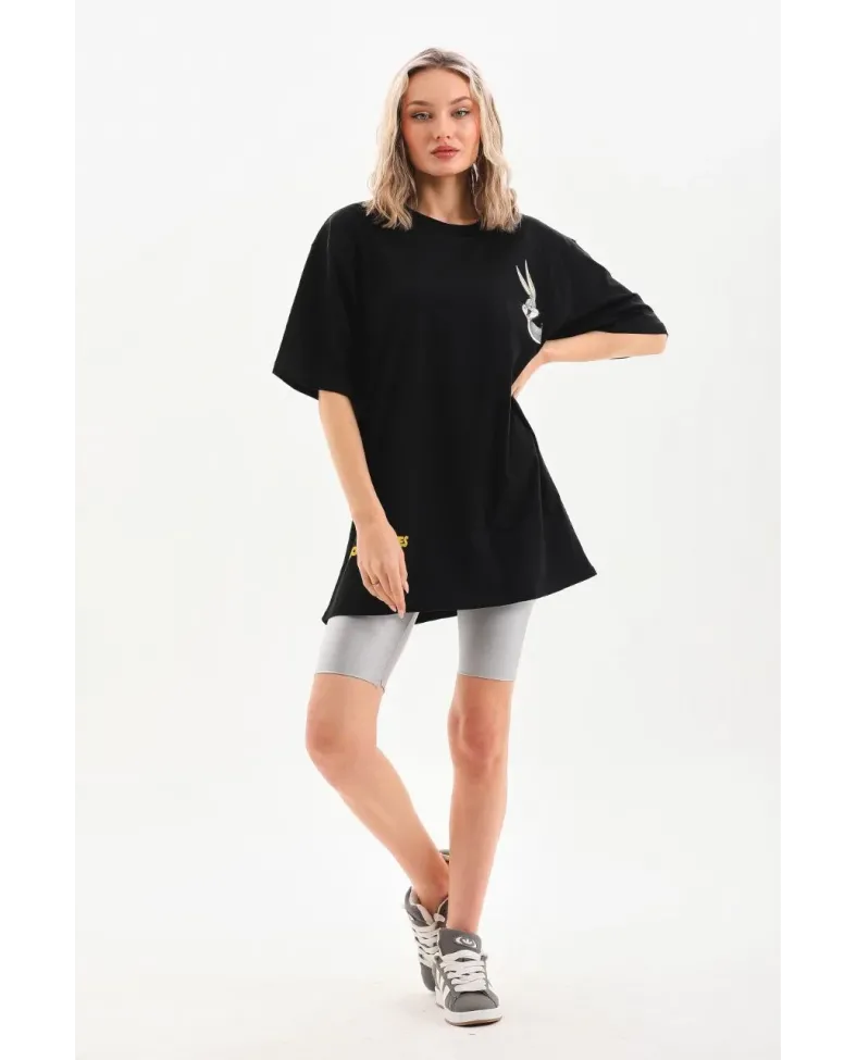 Kadın  Baskılı Oversize T-Shirt - Siyah