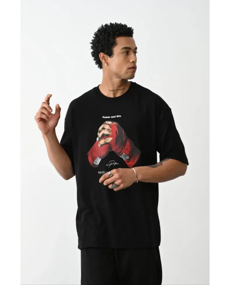 ERKEK Baskılı Oversize T-Shirt - Siyah