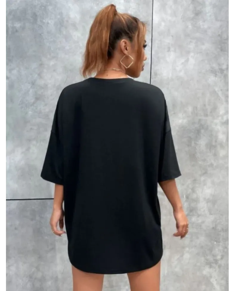 Kadın kelebek Baskılı Oversize T-Shirt - Siyah