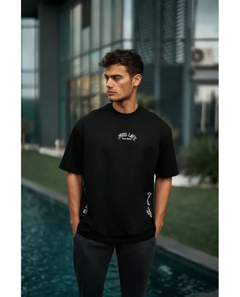 ERKEK Baskılı Oversize T-Shirt - Siyah