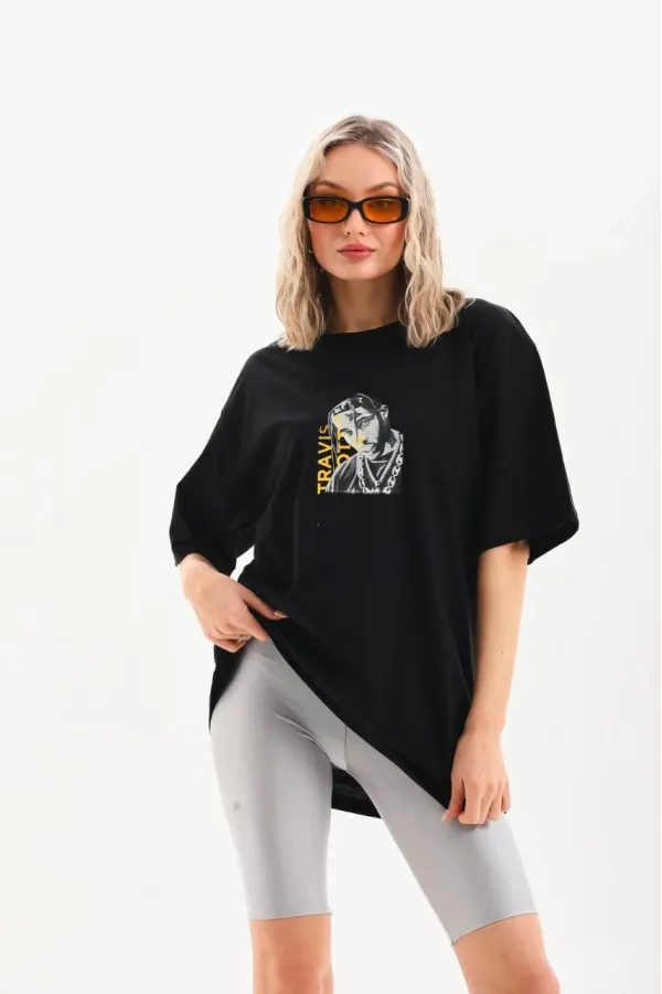 Kadın Baskılı Oversize T-Shirt - Siyah