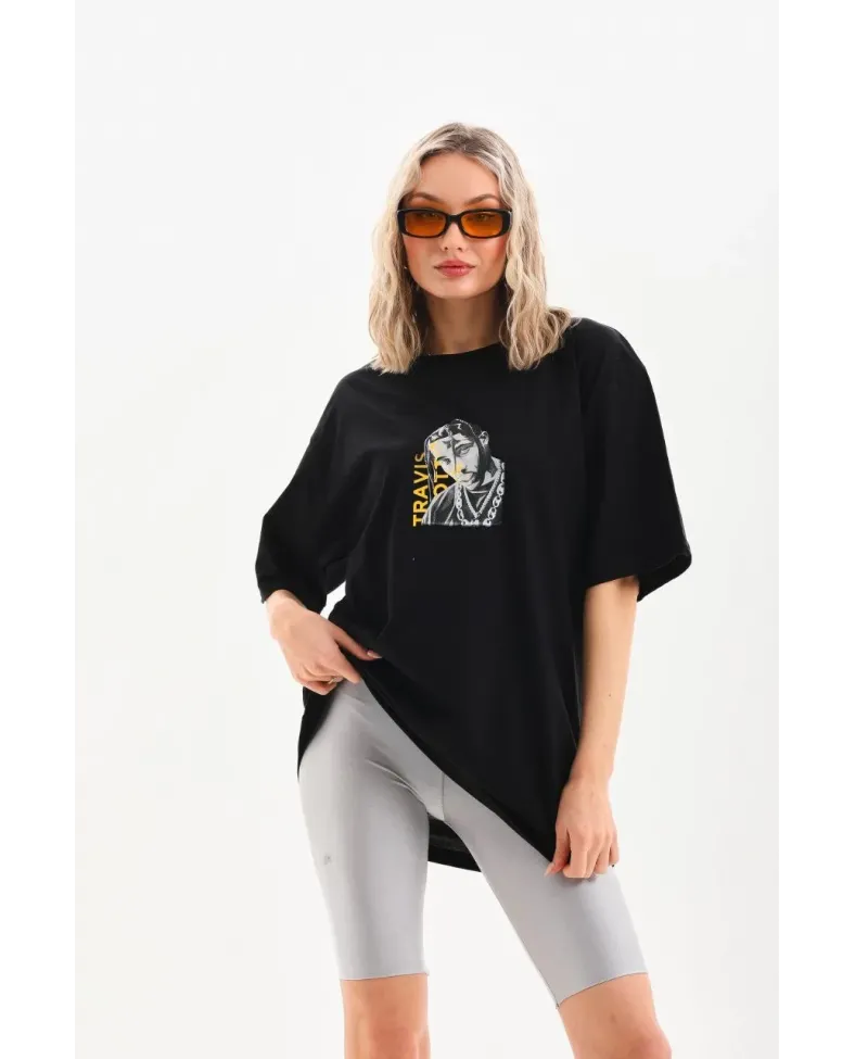 Kadın Baskılı Oversize T-Shirt - Siyah