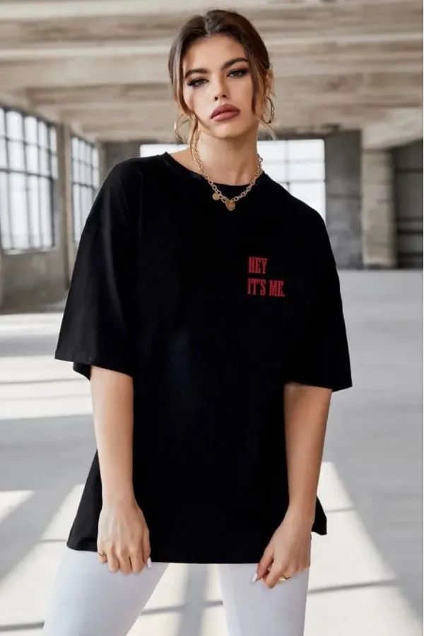 Kadın Baskılı Oversize T-Shirt - Siyah