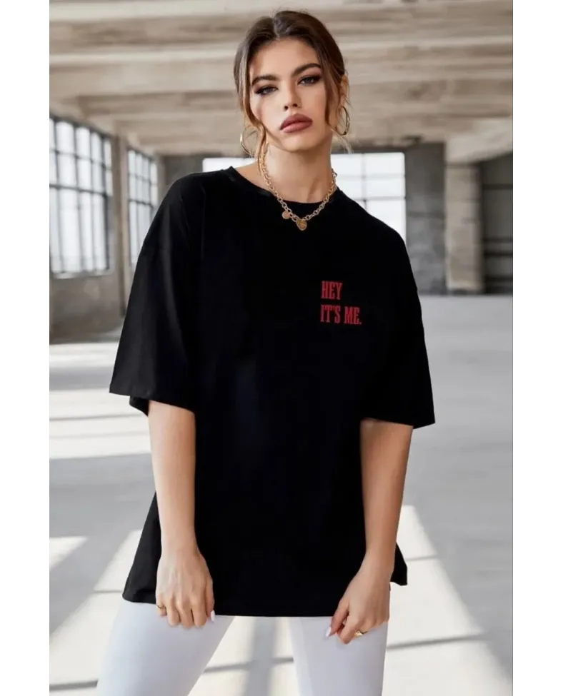 Kadın Baskılı Oversize T-Shirt - Siyah