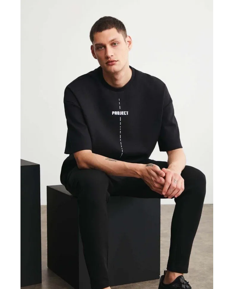 Erkek Baskılı T-Shirt Kısa Kol Bisiklet Yaka Regular Fit Rahat Kalıp Tişört - Siyah