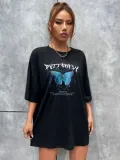 Kadın kelebek Baskılı Oversize T-Shirt - Siyah