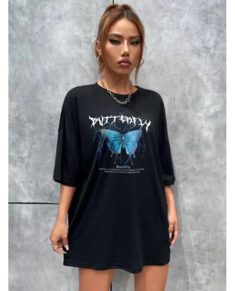 Kadın kelebek Baskılı Oversize T-Shirt - Siyah