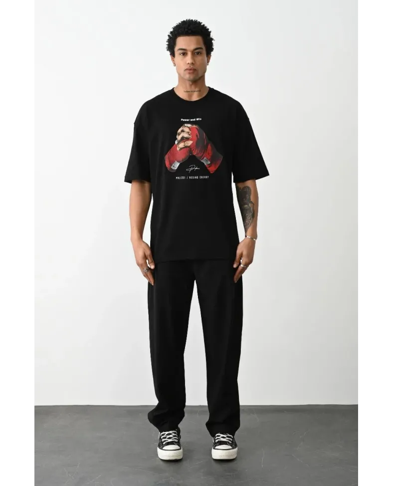 ERKEK Baskılı Oversize T-Shirt - Siyah