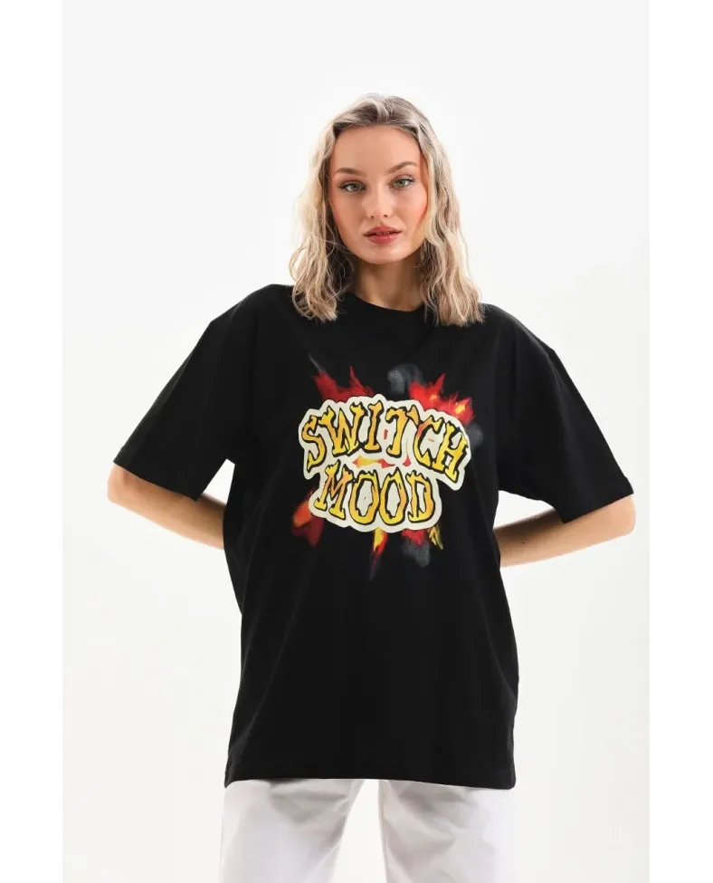 Kadın Baskılı Oversize T-Shirt - Siyah
