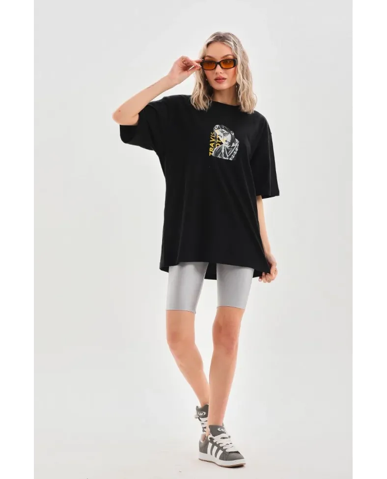 Kadın Baskılı Oversize T-Shirt - Siyah