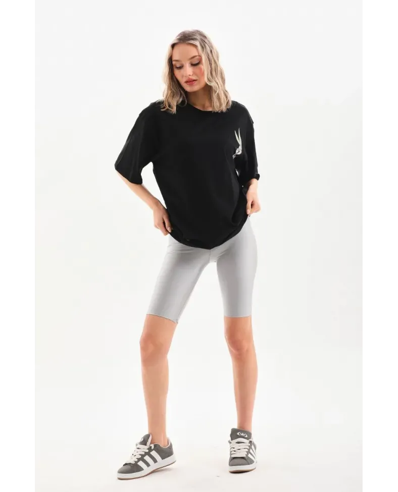 Kadın  Baskılı Oversize T-Shirt - Siyah