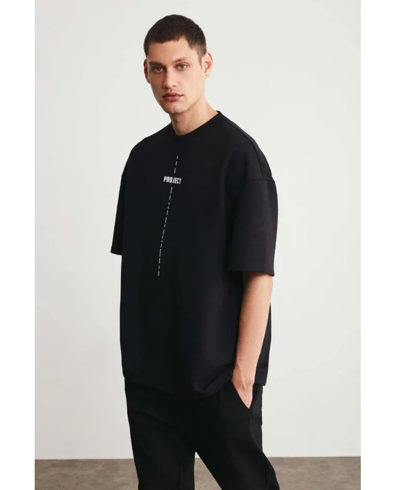 Erkek Baskılı T-Shirt Kısa Kol Bisiklet Yaka Regular Fit Rahat Kalıp Tişört - Siyah