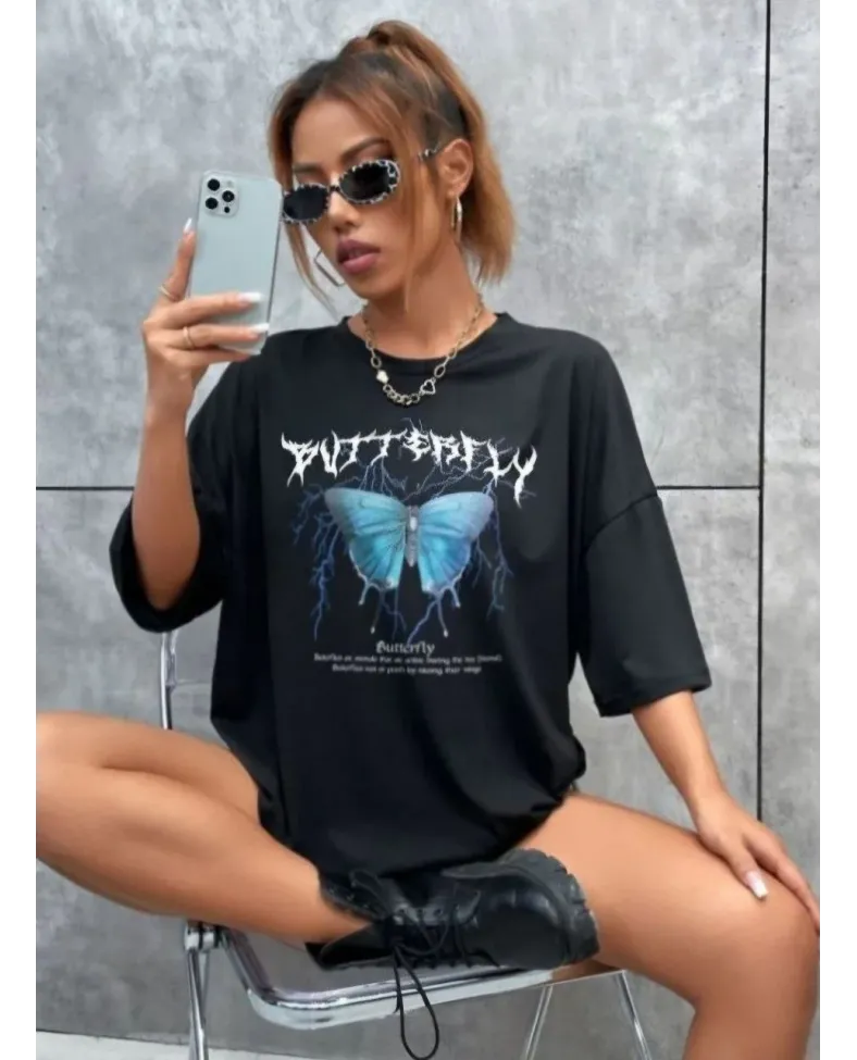 Kadın kelebek Baskılı Oversize T-Shirt - Siyah