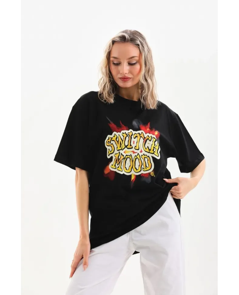 Kadın Baskılı Oversize T-Shirt - Siyah