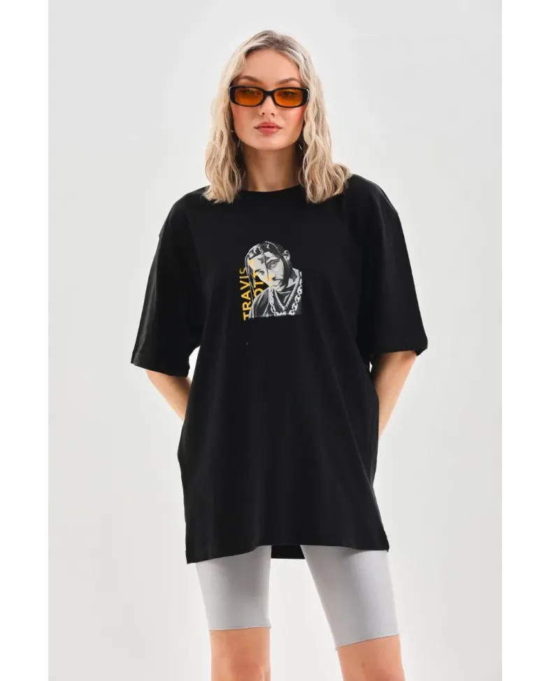 Kadın Baskılı Oversize T-Shirt - Siyah