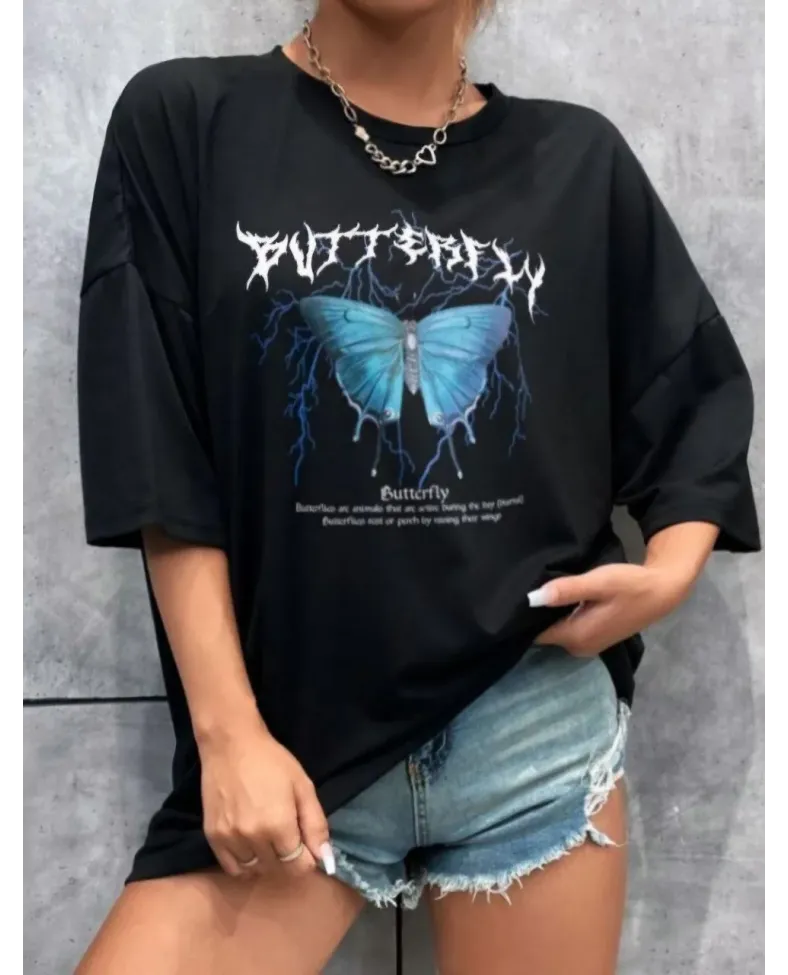 Kadın kelebek Baskılı Oversize T-Shirt - Siyah