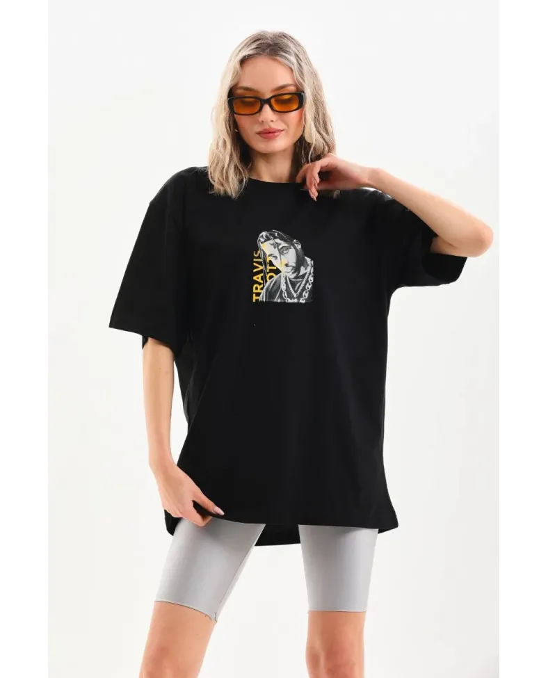 Kadın Baskılı Oversize T-Shirt - Siyah