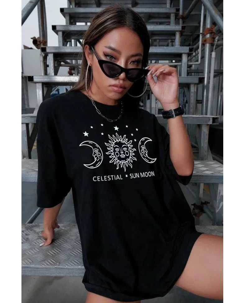 Kadın Baskılı Oversize T-Shirt - Siyah